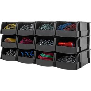 imageIRIS USA Stackable Storage Bins Open Front 12 Pack Plastic Hanging Organizer Caddy Basket for Hardware Crafts Small Parts Nuts and Bolts Garage Tool Storage Small BlackSmall  12 Pack