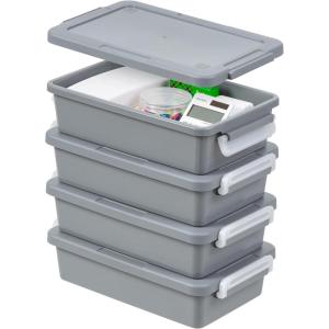 imageIRIS USA 1 Qt Plastic Storage Bins with Lids 4 Pack Craft Storage Container Sensory Bin Organizing Containers for Home Office ampamp Art Supplies Stackable WhiteGray