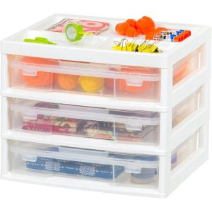 imageIRIS USA 3Tier Scrapbook Storage Unit with Organizer Top Fits 12quot x 12quot Papers for Tools Office Art and Craft Supplies Desktop Organizer Built in Handle WhiteClear3Tier Drawer  White
