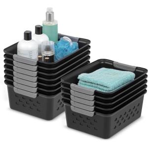 imageIRIS USA Plastic Storage Basket 6Pack Medium Shelf Basket Storage Organizer for Pantry Cabinet Bedroom Closet Laundry Room EcoFriendly NavyBlack