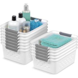 imageIRIS USA Plastic Storage Basket 6Pack Medium Shelf Basket Storage Organizer for Pantry Cabinet Bedroom Closet Laundry Room EcoFriendly NavyWhite