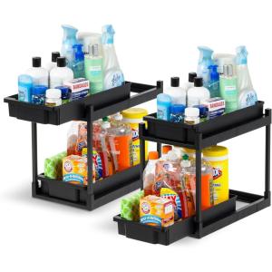 imageIRIS USA Under Sink Organizer 4 Pack Pull Out Under Cabinet Organizers and Storage Kitchen Shelf Pantry Bathroom Under Counter Cleaning Supplies Vertical Spice Rack Slide Out Drawer Easy Install2 Pack