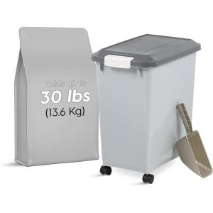 imageIRIS USA Dog Food Storage Container with Wheels Airtight Lid 2Cup Scoop Up to 54 Pounds Pet Food Storage Built in Scoop Storage in Lid Versatile Pet Food Bin Portable BPA Free GrayDark GrayGrayDark Gray