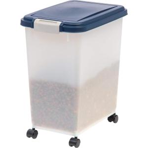 imageIRIS USA Dog Food Storage Container with Wheels Airtight Lid 2Cup Scoop Up to 54 Pounds Pet Food Storage Built in Scoop Storage in Lid Versatile Pet Food Bin Portable BPA Free GrayDark GrayNavyPearl