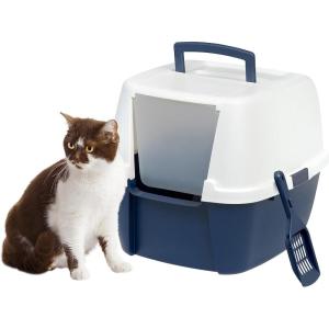 imageIRIS USA Jumbo Enclosed Cat Litter Box with Front Door Flap and Scoop Covered Kitty Litter Box with Handle and Buckles for Portability and Privacy GrayNavy