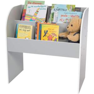 image2Tier Kids Wooden Bookshelf MultiLevel Storage Shelf with Deep Compartments for Toys Books Sketchbooks Drawing Pads Artist Supplies Gray