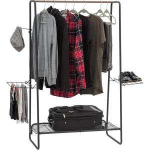 imageIRIS USA Clothes Rack for Hanging Clothes with 4 Wood Shelves Freestanding Clothing Rack Easy to Assemble Garment Rack Metal Sturdy Design Multipurpose Small Space Storage Solution BlackWide