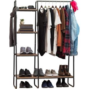 imageIRIS USA Clothes Rack for Hanging Clothes with 4 Wood Shelves Freestanding Clothing Rack Easy to Assemble Garment Rack Metal Sturdy Design Multipurpose Small Space Storage Solution Black4 Wood Shelves