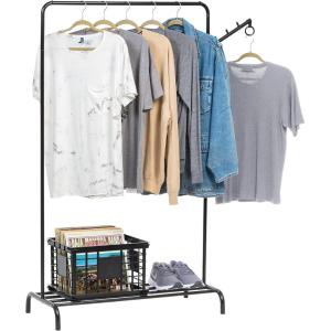 imageIRIS USA Clothes Rack for Hanging Clothes with 4 Wood Shelves Freestanding Clothing Rack Easy to Assemble Garment Rack Metal Sturdy Design Multipurpose Small Space Storage Solution Black1 Metal Shelf