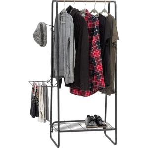 imageIRIS USA Clothes Rack for Hanging Clothes with 4 Wood Shelves Freestanding Clothing Rack Easy to Assemble Garment Rack Metal Sturdy Design Multipurpose Small Space Storage Solution BlackSlim