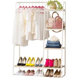 imageIRIS USA Clothes Rack for Hanging Clothes with 4 Wood Shelves Freestanding Clothing Rack Easy to Assemble Garment Rack Metal Sturdy Design Multipurpose Small Space Storage Solution White