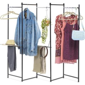 imageIRIS USA Clothes Rack for Hanging Clothes with 4 Wood Shelves Freestanding Clothing Rack Easy to Assemble Garment Rack Metal Sturdy Design Multipurpose Small Space Storage Solution Black5 Panel