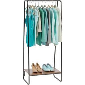 imageIRIS USA Clothes Rack for Hanging Clothes with Bottom Wood Shelf Freestanding Clothing Rack Easy to Assemble Garment Rack Metal Sturdy Design Multipurpose Small Space Storage Solution WhiteBlack