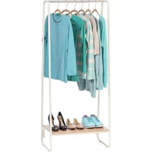 imageIRIS USA Clothes Rack for Hanging Clothes with Bottom Wood Shelf Freestanding Clothing Rack Easy to Assemble Garment Rack Metal Sturdy Design Multipurpose Small Space Storage Solution WhiteWhite