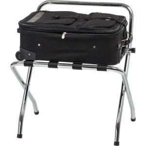 imageIRIS USA Steel Folding Foldable Luggage Rack Suitcase Stand Shelf with Support Bar Space Saving for Guest Room Bedroom Hotel Holds up to 110 lbs Chrome SilverRack with Support Bar