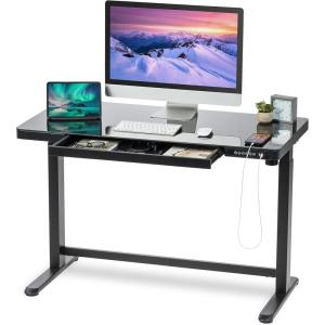 imageIRIS USA 48 x 24 Inch Standing Desk Electric Height Adjustable Computer Desk Sit Stand Home Office Desk with Drawer Pet and Kids Safe Table with USB Ports and USB TypeC Port Glass TopAuto Adjustable Glass
