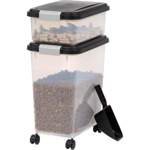 imageIRIS USA Dog Food Storage Container 30 lbs ampamp 11 lbs Combo Cat Food Storage Container Dog Treat Container Airtight Stackable 2Cup Scoop Wheels Easy Mobility GrayBlack