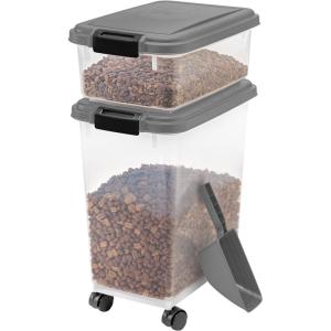 imageIRIS USA Dog Food Storage Container 30 lbs ampamp 11 lbs Combo Cat Food Storage Container Dog Treat Container Airtight Stackable 2Cup Scoop Wheels Easy Mobility GrayDark Gray