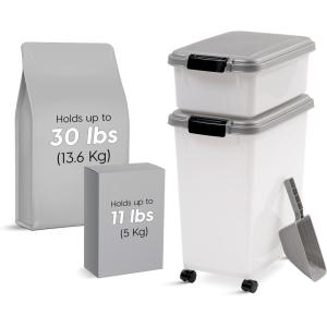 imageIRIS USA Dog Food Storage Container 30 lbs ampamp 11 lbs Combo Cat Food Storage Container Dog Treat Container Airtight Stackable 2Cup Scoop Wheels Easy Mobility GraySilver