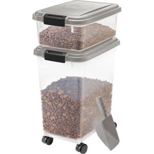imageIRIS USA Dog Food Storage Container 30 lbs ampamp 11 lbs Combo Cat Food Storage Container Dog Treat Container Airtight Stackable 2Cup Scoop Wheels Easy Mobility GrayChrome