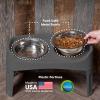 imageIRIS USA Elevated Dog Bowls Adjustable Height 2 Thick 64 oz Stainless Steel Bowls SpillProof with Raised Outer Rim Durable Made in USA Plastic Easy Assemble 2 Heights 463quot or 1225quot BlackGray