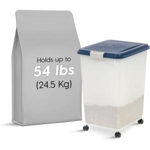 imageIRIS USA Airtight Dog Food Storage Container Up to 38 lbs Attachable Wheels For Dog Cat Bird and Other Pet Food Storage Bin Keep Fresh Easy Mobility BPA Free NavyPearl54 lbs