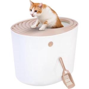 imageIRIS USA Cat Litter Box Large Top Entry with Litter Catching Lid and Scoop Dog Proof Cat Box Enclosure BeigeWhiteBeige