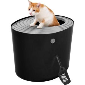 imageIRIS USA Cat Litter Box Large Top Entry with Litter Catching Lid and Scoop Dog Proof Cat Box Enclosure BeigeWhiteBlack
