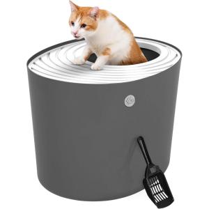 imageIRIS USA Cat Litter Box Large Top Entry with Litter Catching Lid and Scoop Dog Proof Cat Box Enclosure BeigeWhiteDark Gray