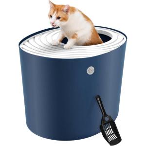 imageIRIS USA Cat Litter Box Large Top Entry with Litter Catching Lid and Scoop Dog Proof Cat Box Enclosure BeigeWhiteNavy