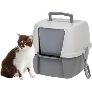 imageIRIS USA Corner Cat Litter Box Enclosure with Scoop Small Cat Litter Box with Lid Corner Litter Box Enclosure for Kittens to Medium Sized Cats Odor Defensive Hooded Litter Tray Dark GrayJumbo Hooded  Gray