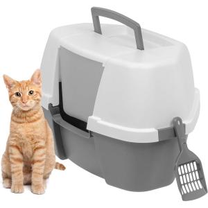 imageIRIS USA Corner Cat Litter Box Enclosure with Scoop Small Cat Litter Box with Lid Corner Litter Box Enclosure for Kittens to Medium Sized Cats Odor Defensive Hooded Litter Tray Dark GrayCorner Hooded  Gray