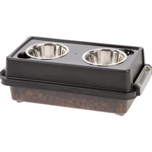 imageIRIS USA Elevated Dog Bowls Adjustable Height 2 Thick 64 oz Stainless Steel Bowls SpillProof with Raised Outer Rim Durable Made in USA Plastic Easy Assemble 2 Heights 463quot or 1225quot BlackSmokeBlack