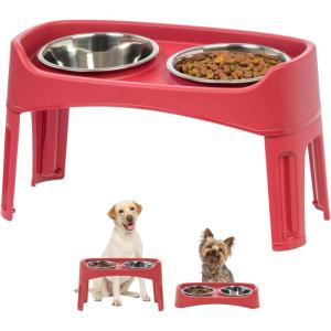 imageIRIS USA Elevated Dog Bowls Adjustable Height 2 Thick 64 oz Stainless Steel Bowls SpillProof with Raised Outer Rim Durable Made in USA Plastic Easy Assemble 2 Heights 463quot or 1225quot BlackRed