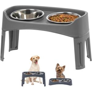 imageIRIS USA Elevated Dog Bowls Adjustable Height 2 Thick 64 oz Stainless Steel Bowls SpillProof with Raised Outer Rim Durable Made in USA Plastic Easy Assemble 2 Heights 463quot or 1225quot BlackGray