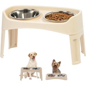 imageIRIS USA Elevated Dog Bowls Adjustable Height 2 Thick 64 oz Stainless Steel Bowls SpillProof with Raised Outer Rim Durable Made in USA Plastic Easy Assemble 2 Heights 463quot or 1225quot BlackAlmond