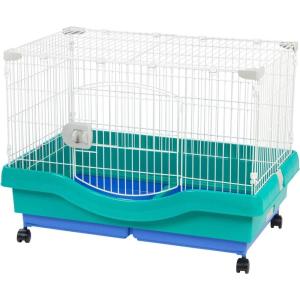 imageIRIS USA Large Portable Wire Rabbit Cage with Top Access and Two Tray Division Easy Access Secure Lock and Easy to Clean Movable House for Small Sized Animals Rabbit Guinea Pigs Rat Hamster Green