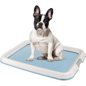 imageIRIS USA Pee Pad Holder  For Potty Training Regular Sized Dog ampamp Puppy Pee Pads Secured Latches NonSkid Feet Leak Protection Fits 22quotx22quot Pad or Larger Square Dark GrayBlue