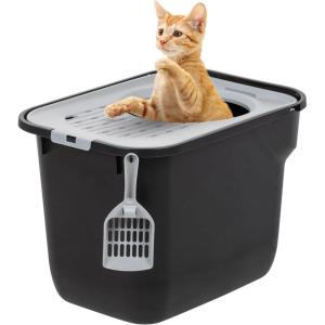 imageIRIS USA Premium Top Entry Cat Litter Box with Scoop Square Enclosure for Cat and Kitty WhiteGrayBlack w Scoop
