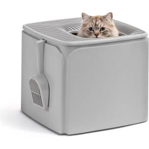 imageIRIS USA Premium Top Entry Cat Litter Box with Scoop Square Enclosure for Cat and Kitty WhiteGrayGray w Scoop