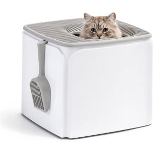 imageIRIS USA Premium Top Entry Cat Litter Box with Scoop Square Enclosure for Cat and Kitty WhiteGrayWhite w Scoop