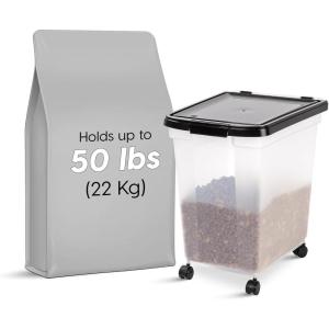 imageIRIS USA WeatherPro Airtight Dog Food Storage Container Up to 50 lbs Removable Wheels for Dog Cat Bird and other Pet Food Storage Bin Keep Fresh Translucent Body Easy Mobility ClearBlackBlack