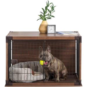 imageUSA Medium Dog Crate Dog Kennel Indoor with Sliding Door ampamp Bottom Tray Dog Cage Wire Pet Pen with Bottom Tray Stylish WoodLike Trim Light BrownDark Brown