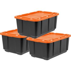 imageIRIS USA 3 Gallon Lockable Storage Bins with Lids 5 Pack  Made in USA Heavy Duty Stackable Containers Garage Organizing Bins Moving Tubs Rugged Sturdy Equipment Utility Box  BlackOrangeOrange
