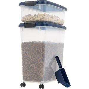 imageIRIS USA Airtight Dog Food Storage Container 40 lbs ampamp 14 lbs Combo Stackable Treat Box 2Cup Scoop Wheels Keep Fresh Easy Mobility NavyClearNavy  Black Buckle