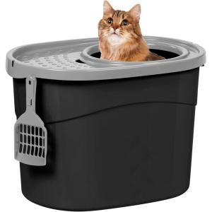 imageIRIS USA Cat Litter Box Large Top Entry with Litter Catching Lid and Scoop Dog Proof Enclosed Cat Litter Box GrayWhiteBlack