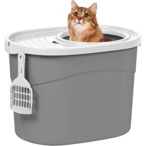 imageIRIS USA Cat Litter Box Large Top Entry with Litter Catching Lid and Scoop Dog Proof Enclosed Cat Litter Box GrayWhiteGray