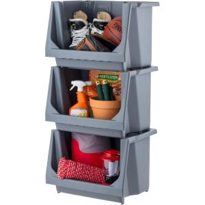 imageIRIS USA Stackable Storage Bins Open Front Medium  3 Pack Heavy Duty Garage Organization Storage Bin Tools Garden Hose Household Product Wide Open Front Interlocked Secure Stacking GrayMedium  3 Pack