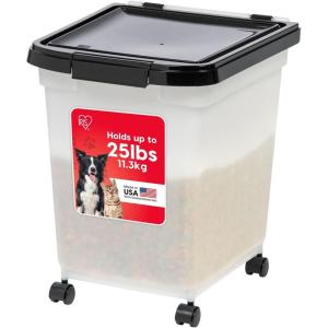 imageIRIS USA WeatherPro Airtight Dog Food Storage Container 50 Pound Removable Wheels for Dog Cat Bird and other Pet Food Storage Bin Keep Fresh Translucent Body Easy Mobility PearlBlackPearlBlack
