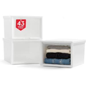 imageIRIS USA 27 Qt Plastic Under Bed Storage Stackable Organizer Bin Container with Sliding Organizer Drawers 4Pack MultiPurpose for Clothes Shoes Clothing Bedding White42 Qt Flip Door  3 Pack